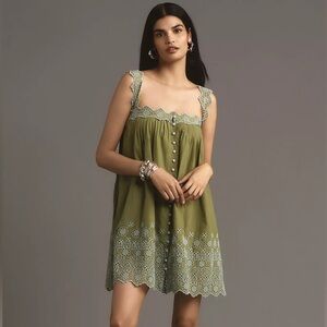 By Anthropologie Square-Neck Embroidered Babydoll Mini Dress